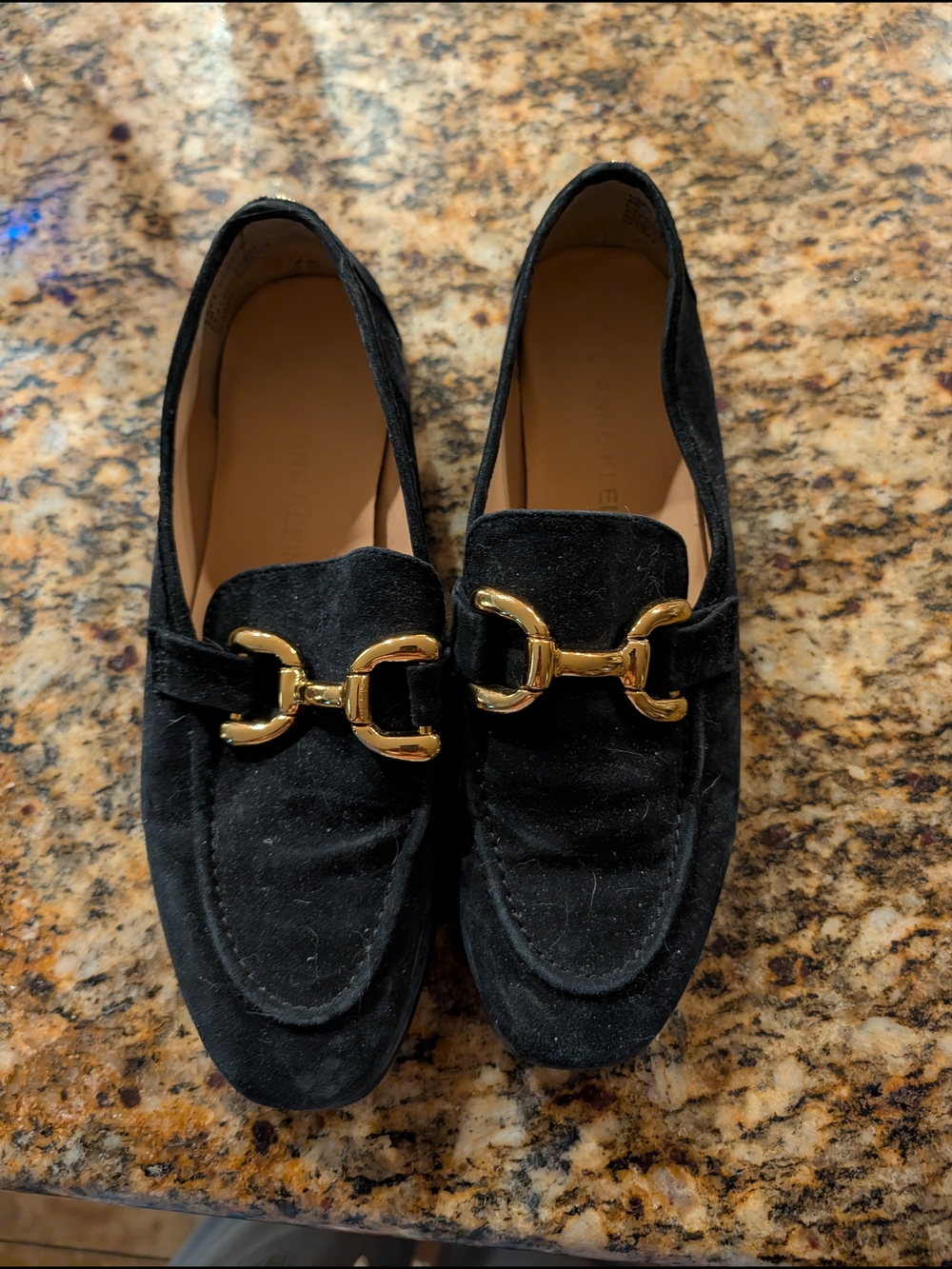 Anne Klein Black Suede Loafers with Gold Bit Accent